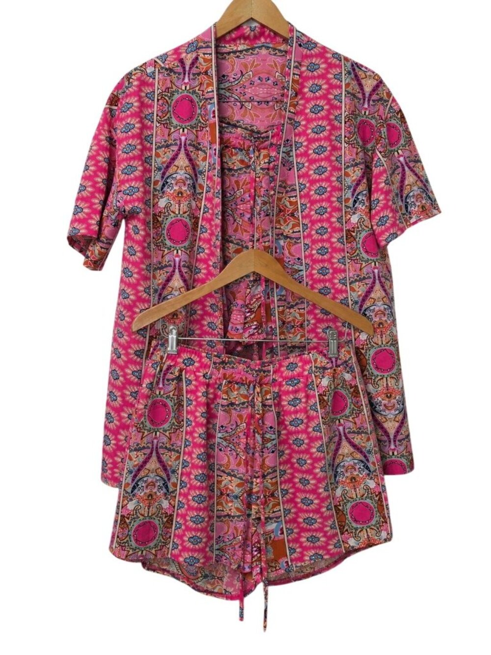 Women's Pink Paisley Print Kimono Shorts Set  Resort  Summer Wear